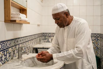 Homme en djellaba blanche effectuant les ablutions avant la prière du maghreb dans une mosquée de Toulouse