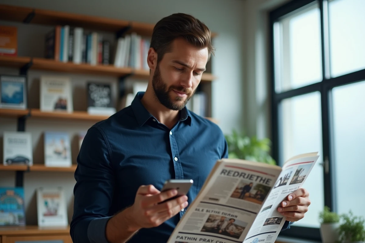 Homme consultant son abonnement magazine sur smartphone dans un bureau à domicile