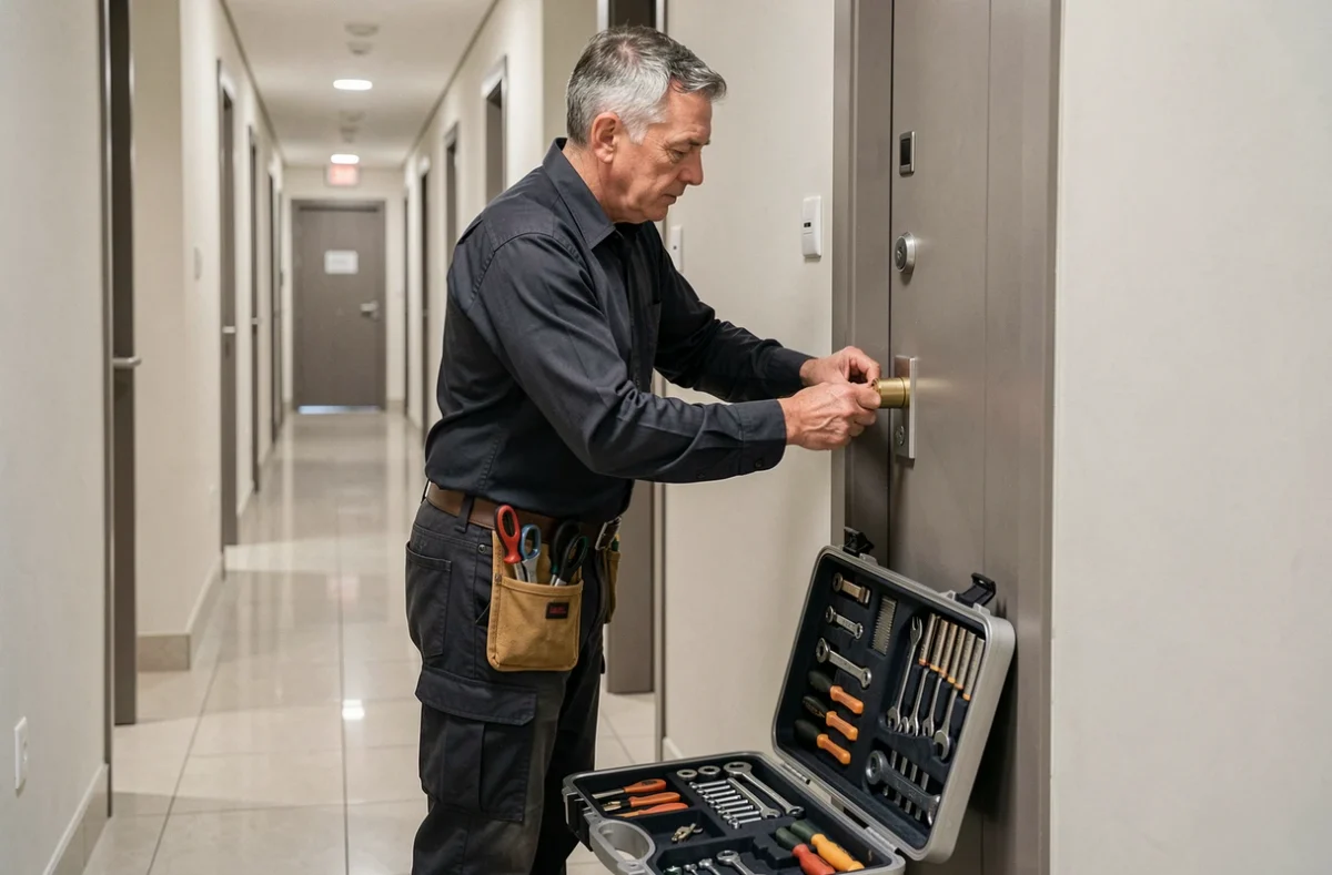 Serrurier de l'entreprise Adim installant un nouveau cylindre de serrure sur une porte d'appartement dans un couloir résidentiel moderne