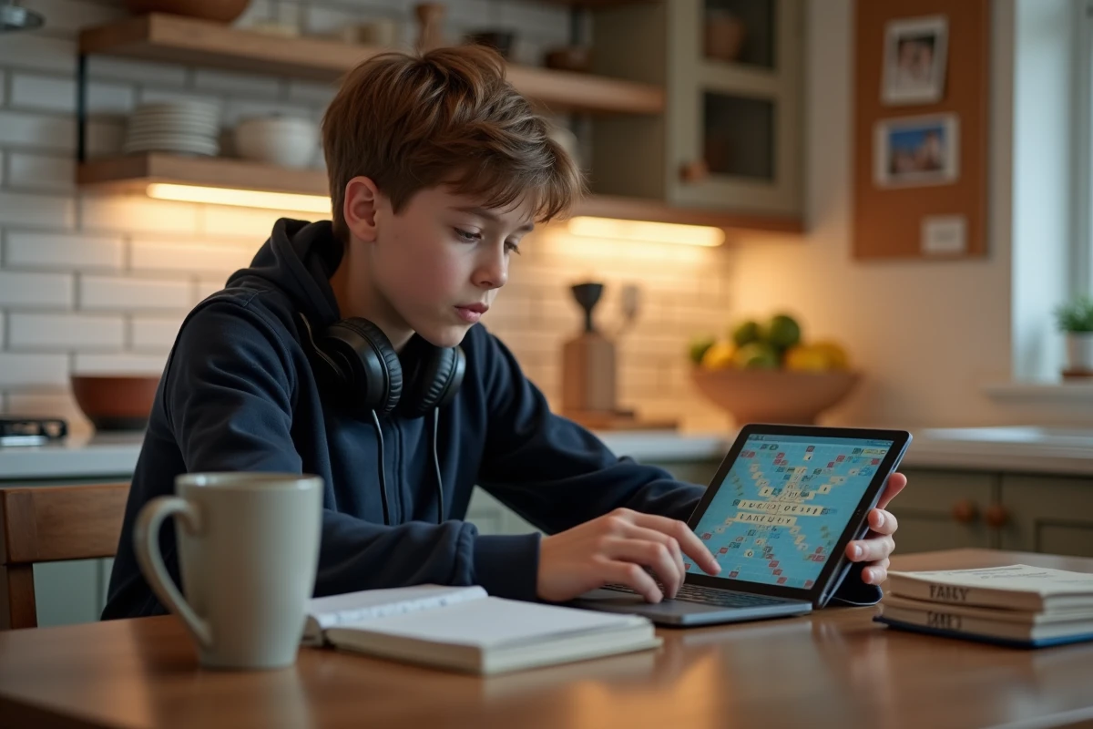 Adolescent jouant au Scrabble sur tablette dans la cuisine