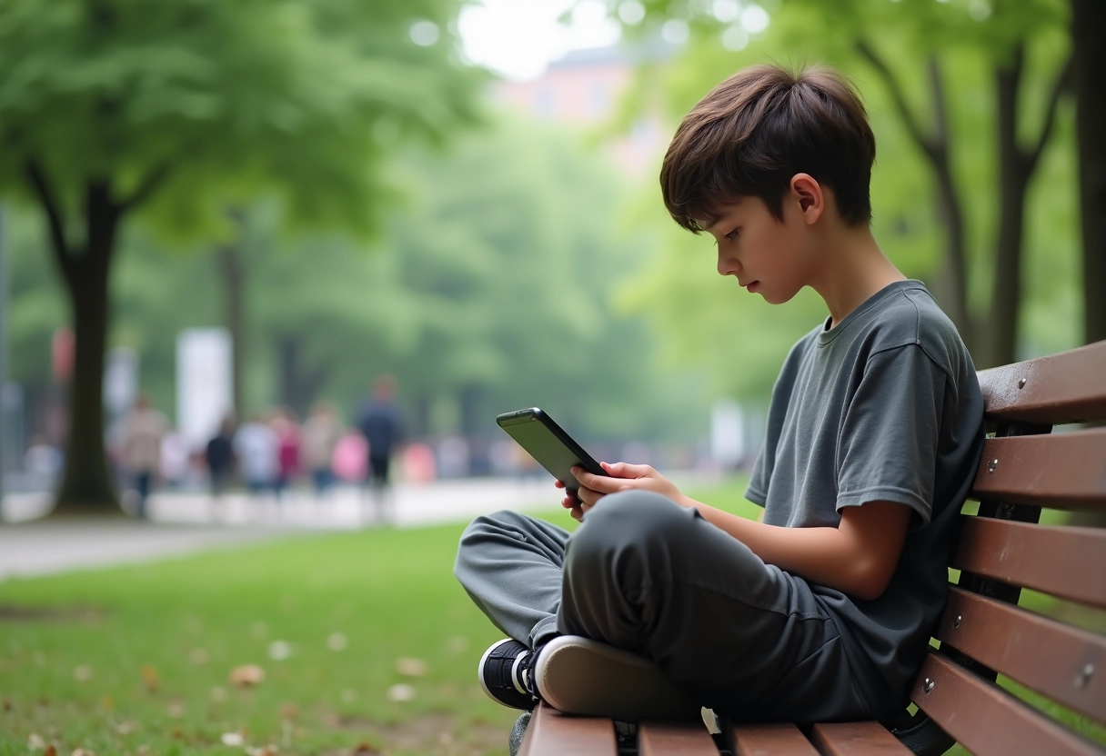 Adolescent lisant manga sur une banquette dans un parc