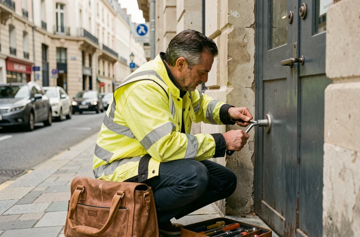Serrurier d'ADS Fermeture au Mans intervenant en urgence sur une porte sécurisée en acier dans une rue commerçante du centre-ville