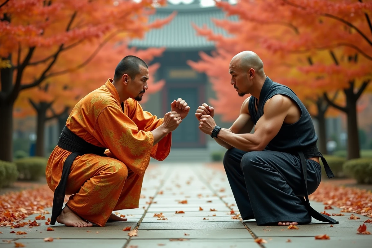 Deux combattants d'arts martiaux face à face sur une plateforme en pierre entourée d'érables japonais en automne, illustrant l'affrontement épique entre Rengoku et Akaza