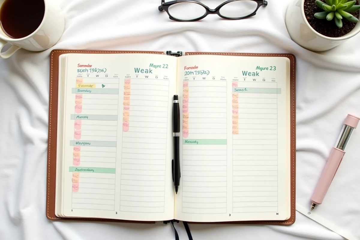 Agenda papier ouvert sur deux semaines consécutives paire et impaire avec rendez-vous récurrents annotés à la main