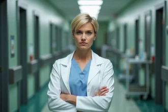 Médecin femme en blouse blanche dans un couloir d'hôpital, expression tendue et pensive, évoquant les tensions professionnelles entre collègues