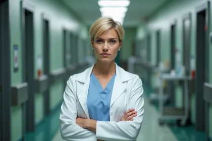 Médecin femme en blouse blanche dans un couloir d'hôpital, expression tendue et pensive, évoquant les tensions professionnelles entre collègues