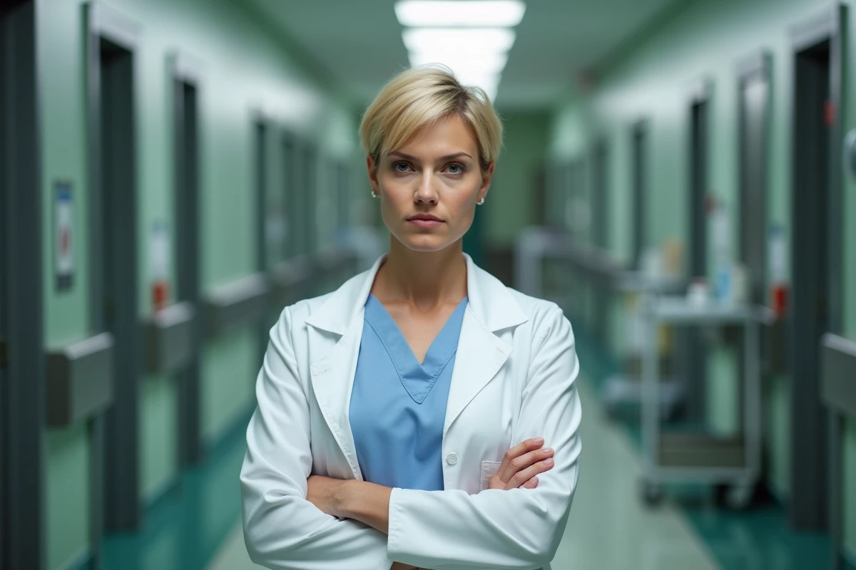 Médecin femme en blouse blanche dans un couloir d'hôpital, expression tendue et pensive, évoquant les tensions professionnelles entre collègues