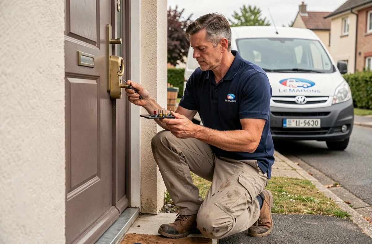 Technicien d'Allo Dépannage Loison Serrurerie intervenant devant une porte d'entrée résidentielle dans la banlieue du Mans avec son véhicule de service
