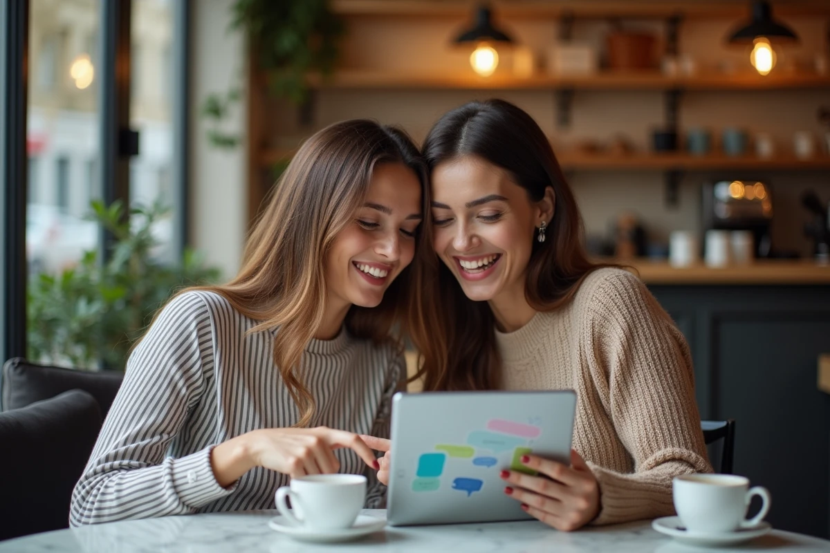Deux amies découvrant ensemble le tchat officiel de Chérie FM sur une tablette dans un café parisien