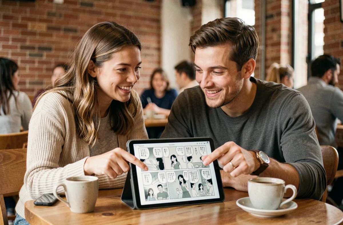Deux amis adultes dans un café discutant de mangas yaois sur une tablette, échangeant leurs recommandations de lecture autour d'un café