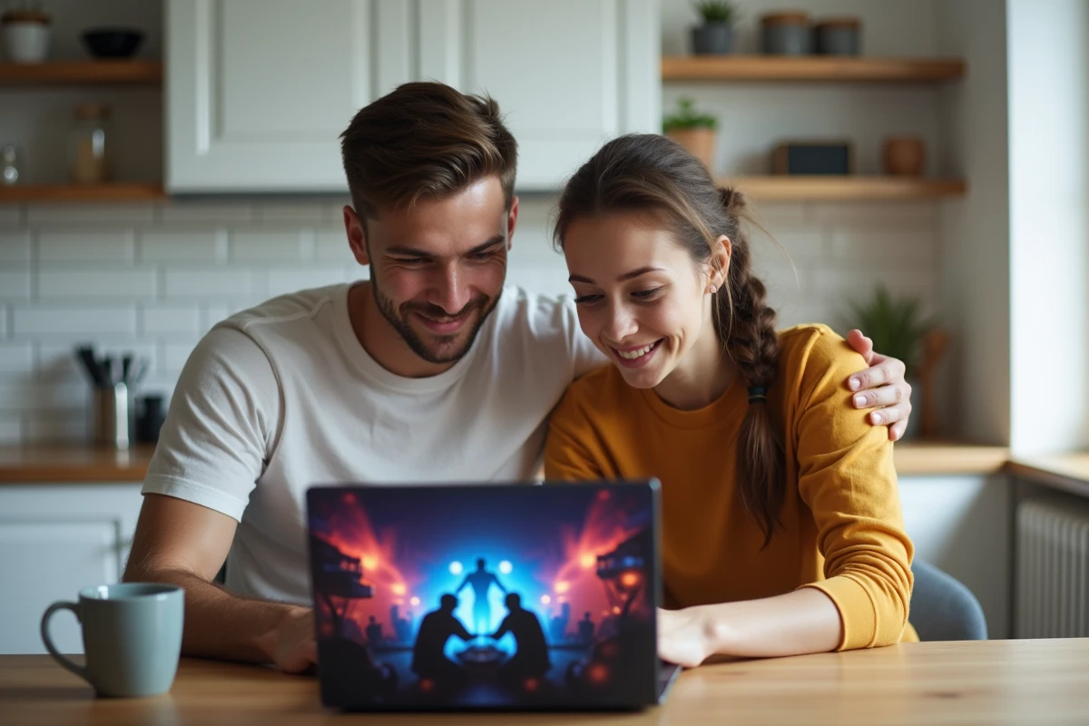 Deux amis consultant un guide de spins gratuits Code Ninja Time sur ordinateur portable dans une cuisine