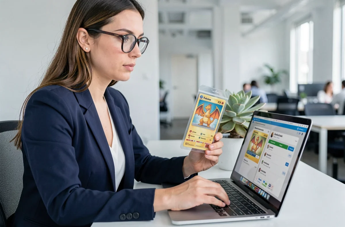 Femme analyste comparant des cartes Pokémon Dracaufeu Ex sur ordinateur portable pour évaluer leur potentiel d'investissement en 2026