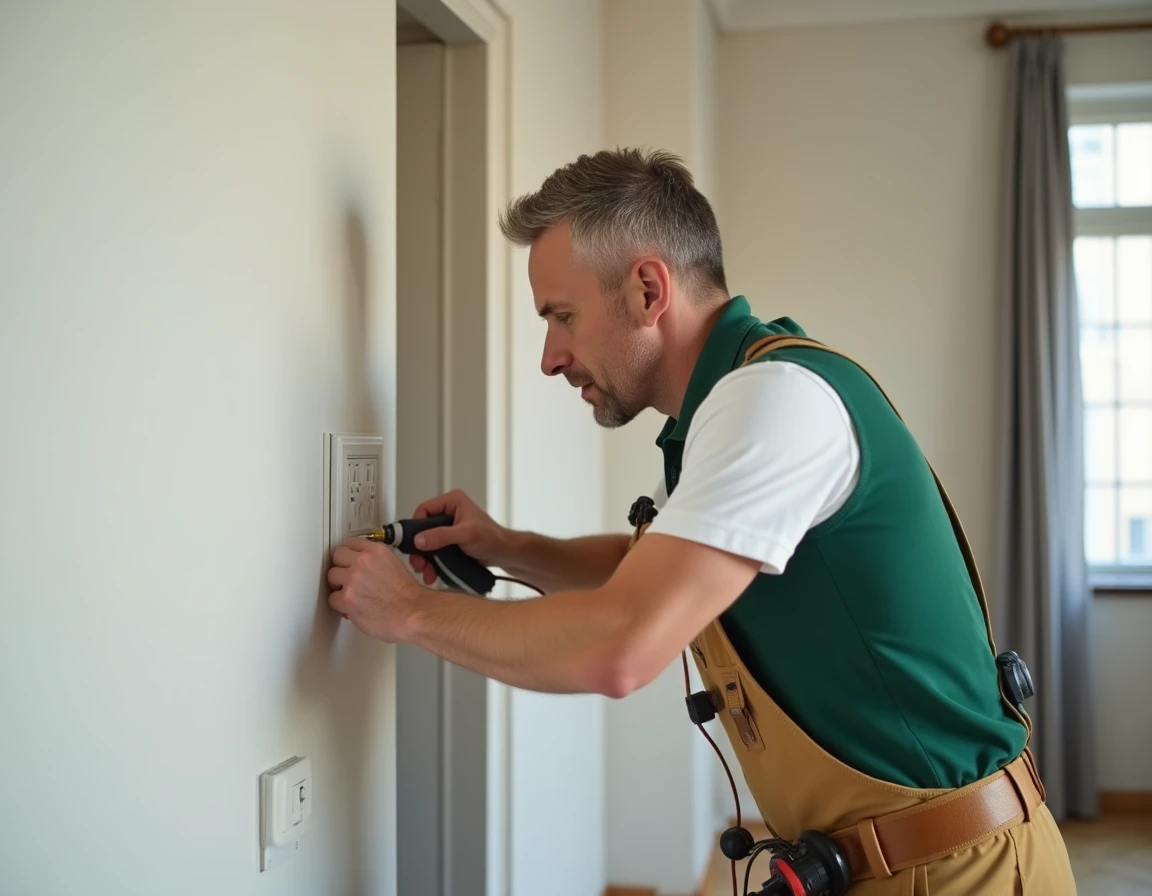 Électricien d'Anjou Home Services installant une prise électrique dans un appartement en Anjou