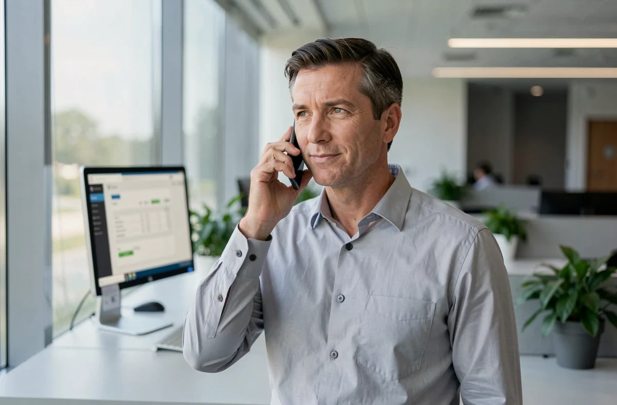 Homme en entreprise passant un appel téléphonique pour contacter un service après-vente de livraison
