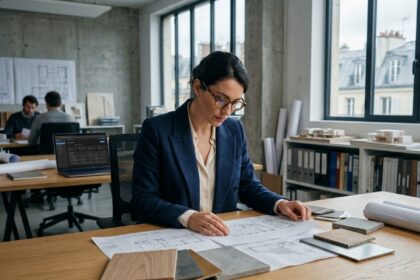 Architecte française analysant des matériaux composites et un logiciel CMS sur son bureau dans un studio parisien moderne