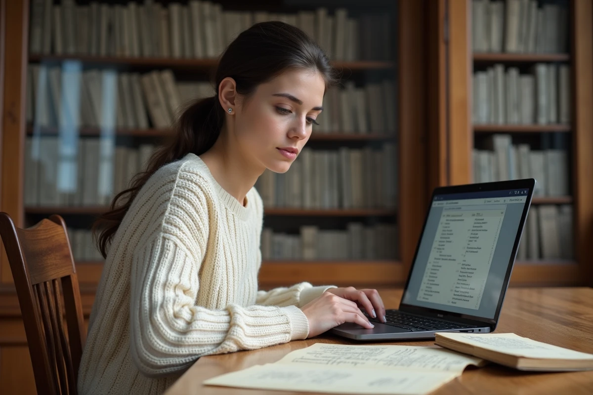 Jeune femme consultant des registres paroissiaux anciens et une base de données généalogique dans une salle d'archives française