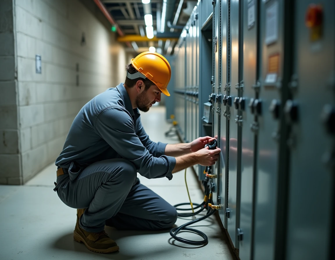 Technicien ARPEG travaillant sur une armoire électrique industrielle dans un bâtiment commercial