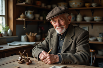 Homme âgé sculptant une canne en bois avec fierté