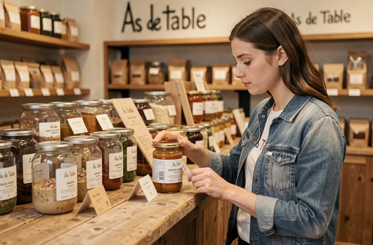 Cliente inspectant un pot de condiment artisanal bio au comptoir de dégustation du magasin As de Table