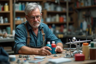 Homme moyenâgeux examine des peintures en atelier
