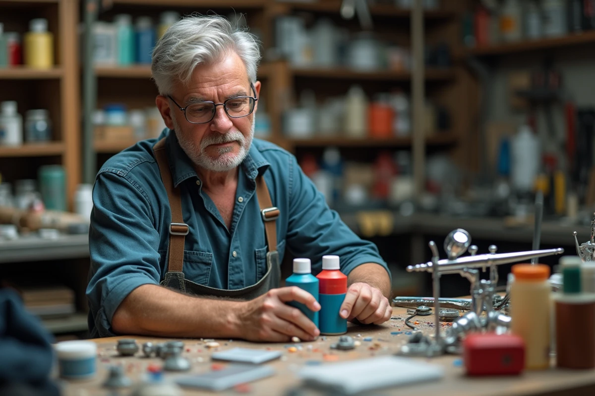 Homme moyenâgeux examine des peintures en atelier