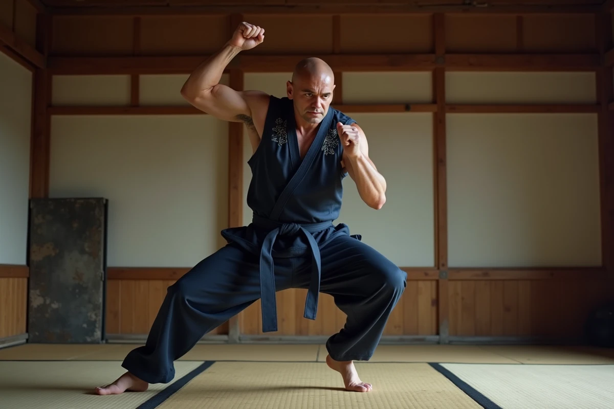 Athlète d'arts martiaux en saut avec frappe puissante dans un dojo traditionnel japonais, représentant l'intensité du combat entre Rengoku et Akaza