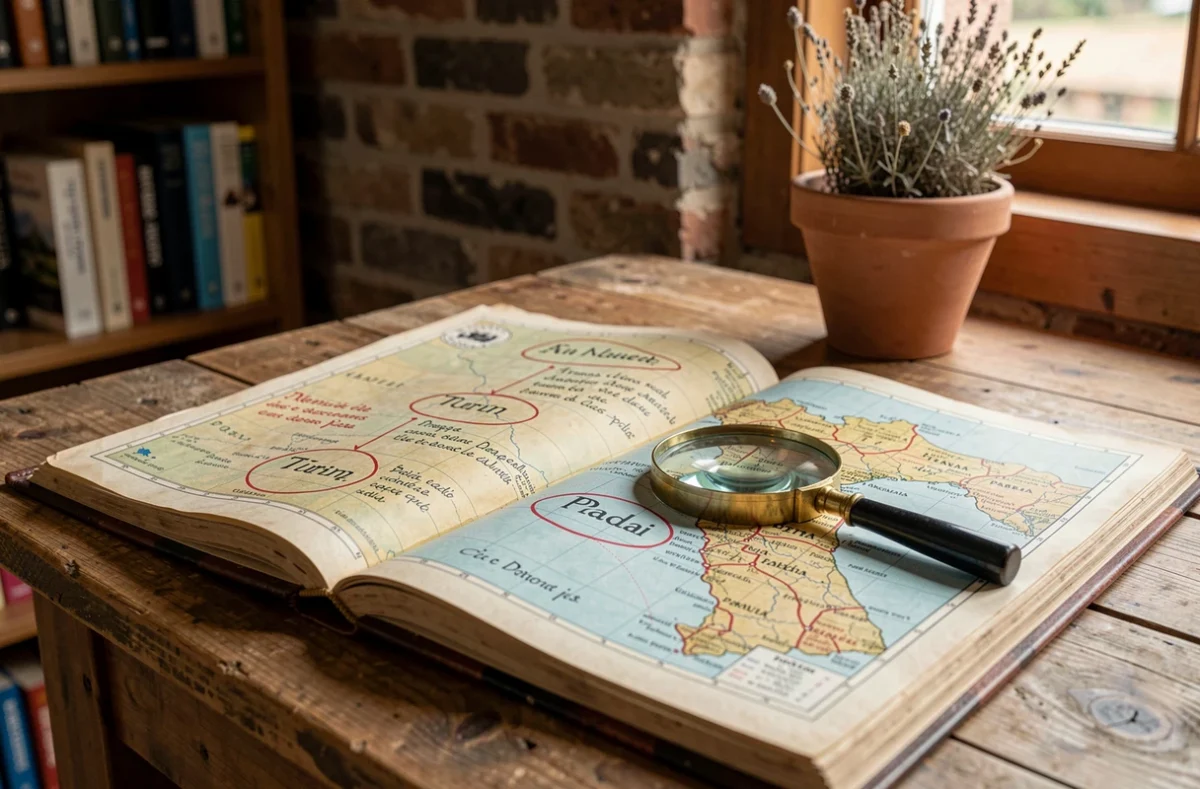 Atlas vintage ouvert sur une carte des villes italiennes avec annotations manuscrites en français sur un bureau rustique