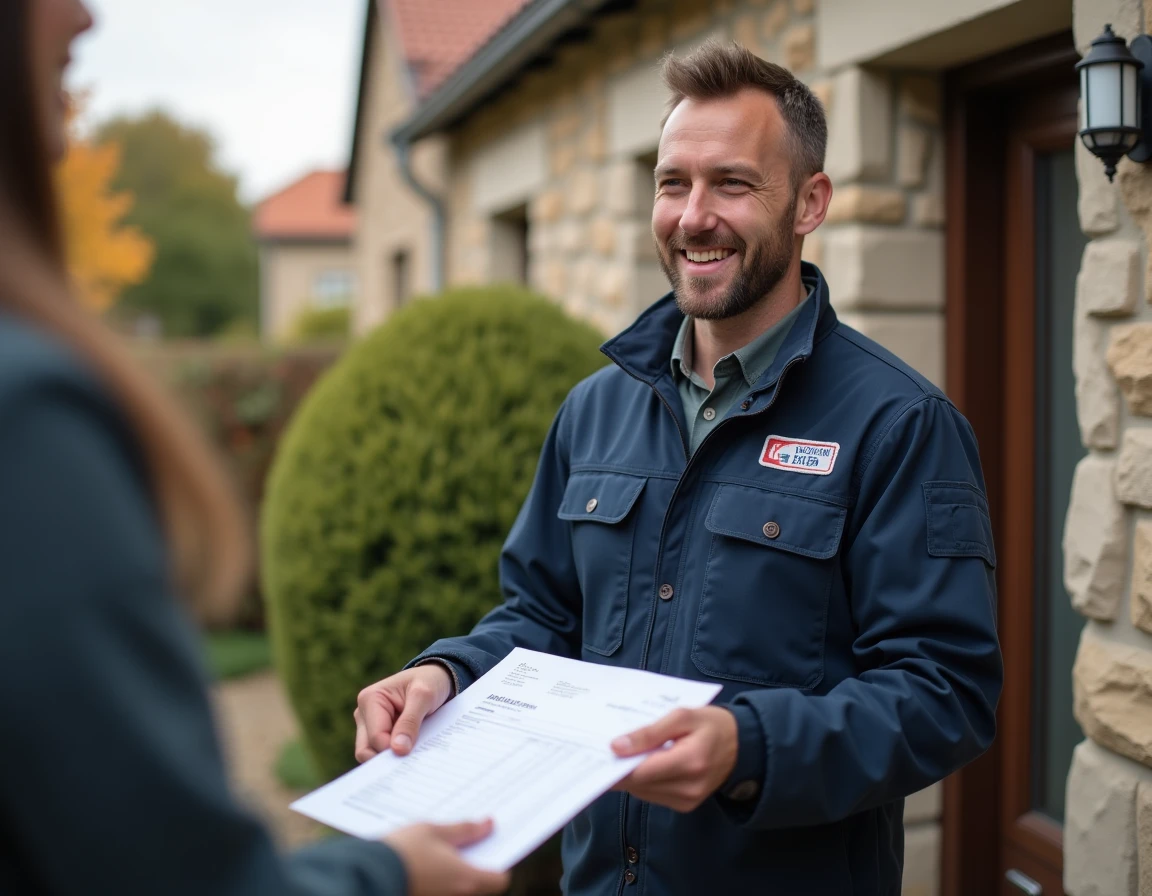 Technicien d'Atout Service remettant une facture à un client devant une maison en Maine-et-Loire