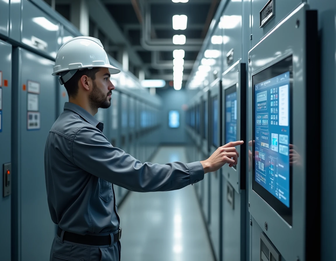 Technicien d'Automat'Concept programmant un panneau de domotique dans un bâtiment commercial