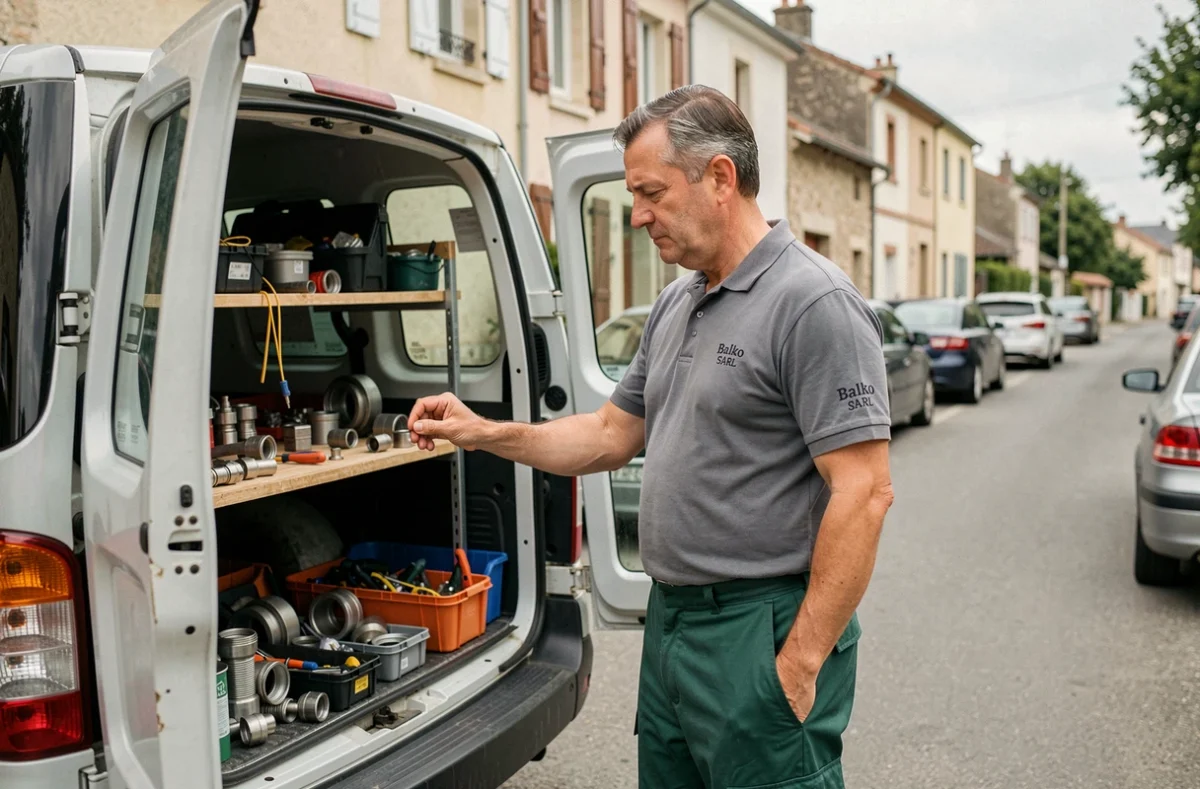 Plombier Balko SARL préparant son matériel dans son véhicule de service dans l'Allier