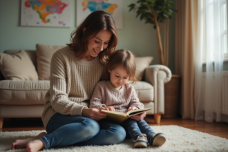 Une belle-maman lit avec deux enfants dans un salon chaleureux