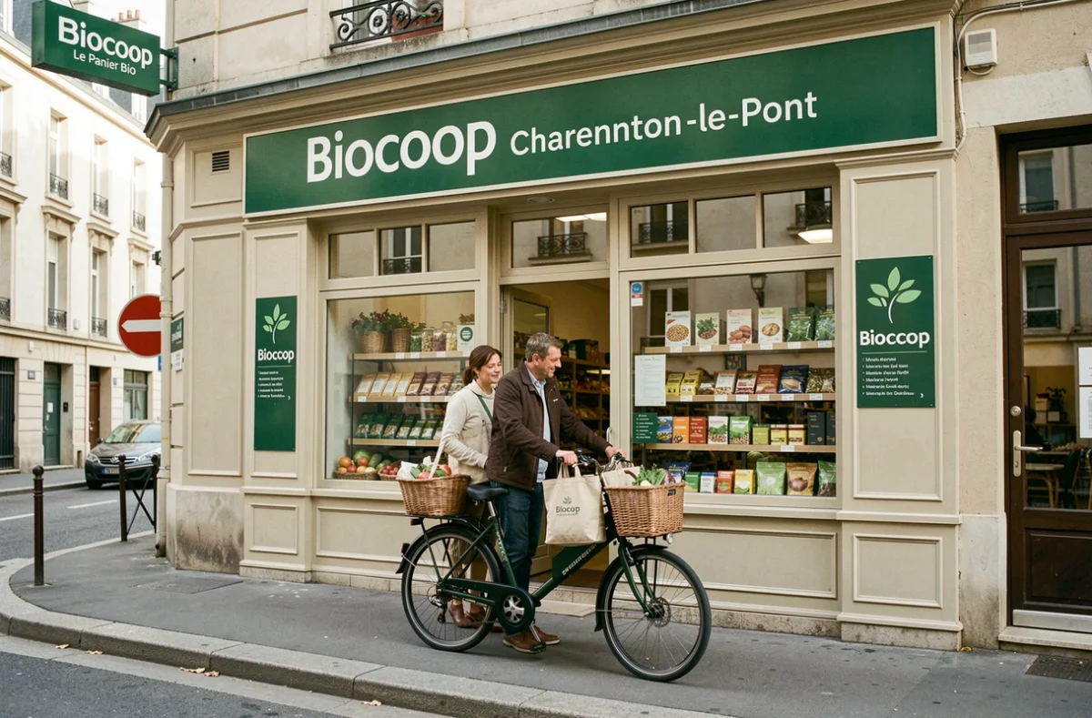 Couple chargeant des sacs en toile bio sur un vélo cargo devant la devanture de Biocoop Charenton - Le Panier Bio