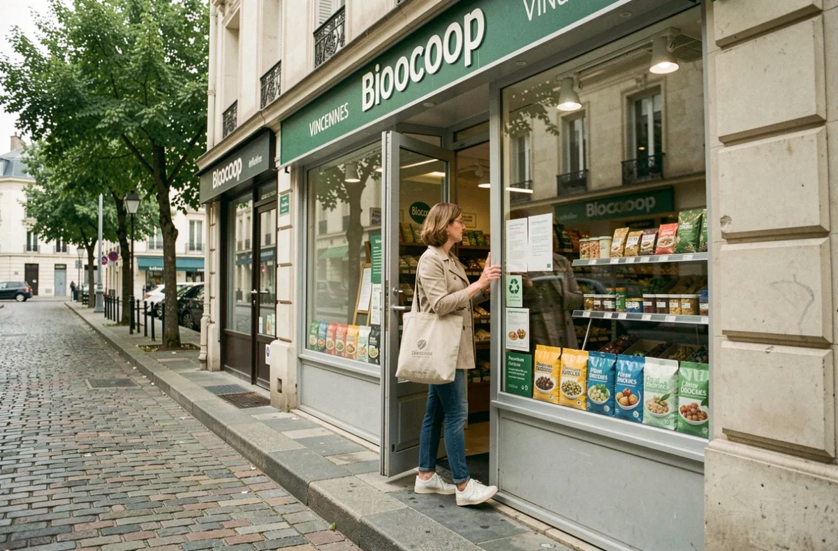 Devanture du magasin Biocoop Vincennes - Bio Rigollots avec une cliente sortant un sac en toile rempli de produits biologiques