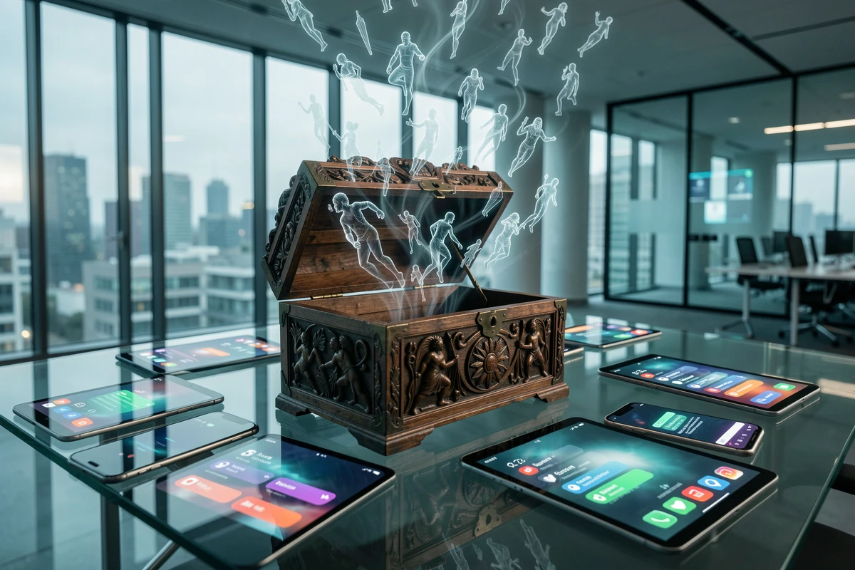 Boîte de Pandore ancienne ouverte entourée d'écrans numériques avec notifications de réseaux sociaux dans un bureau moderne