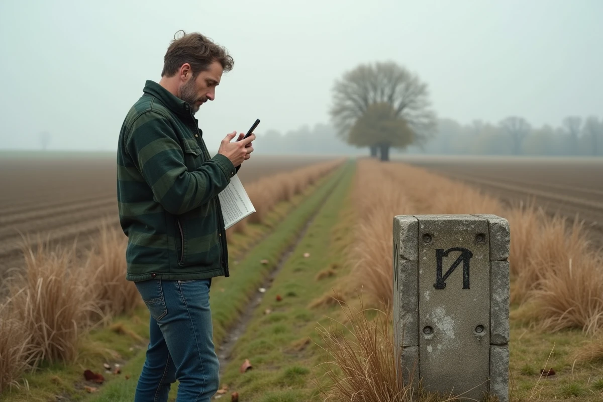 Homme photographiant une borne ancienne en pierre dans un champ rural français lors d'une recherche généalogique sur les lieux-dits