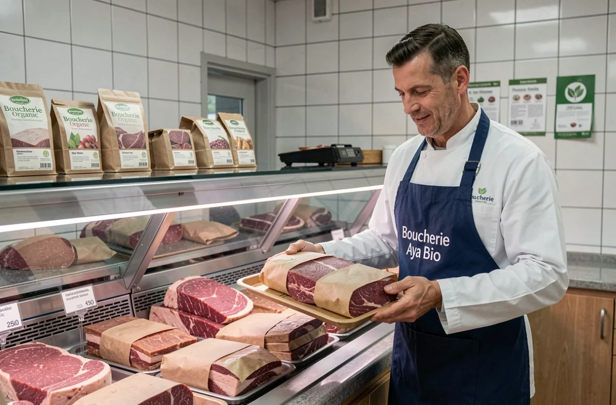 Boucher en tablier présentant des pièces de viande biologique fraîche derrière le comptoir réfrigéré de la Boucherie Aya Bio