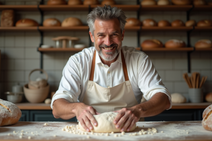 Boulanger artisan façonnant un pain rustique dans sa boulangerie