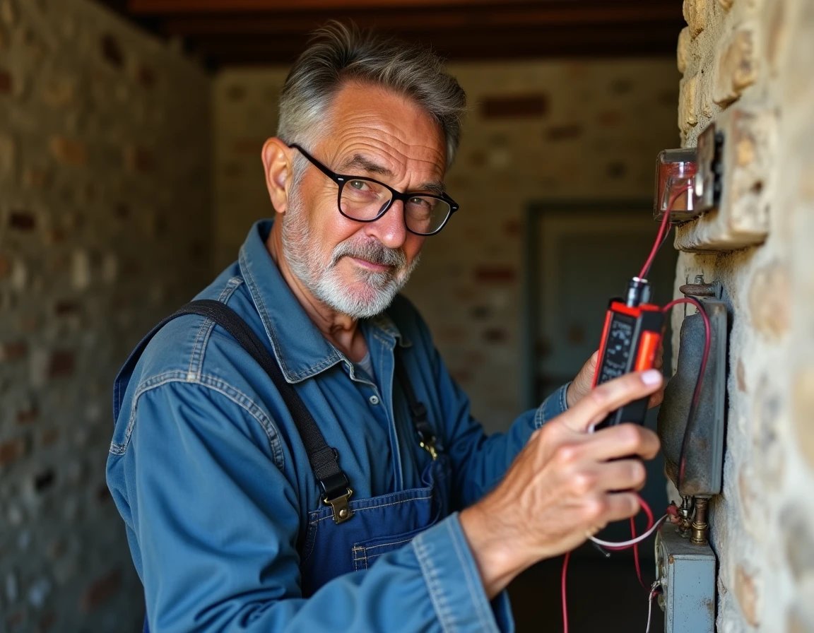 Brizard Jean-Claude électricien testant des connexions avec un multimètre dans une ferme en Maine-et-Loire