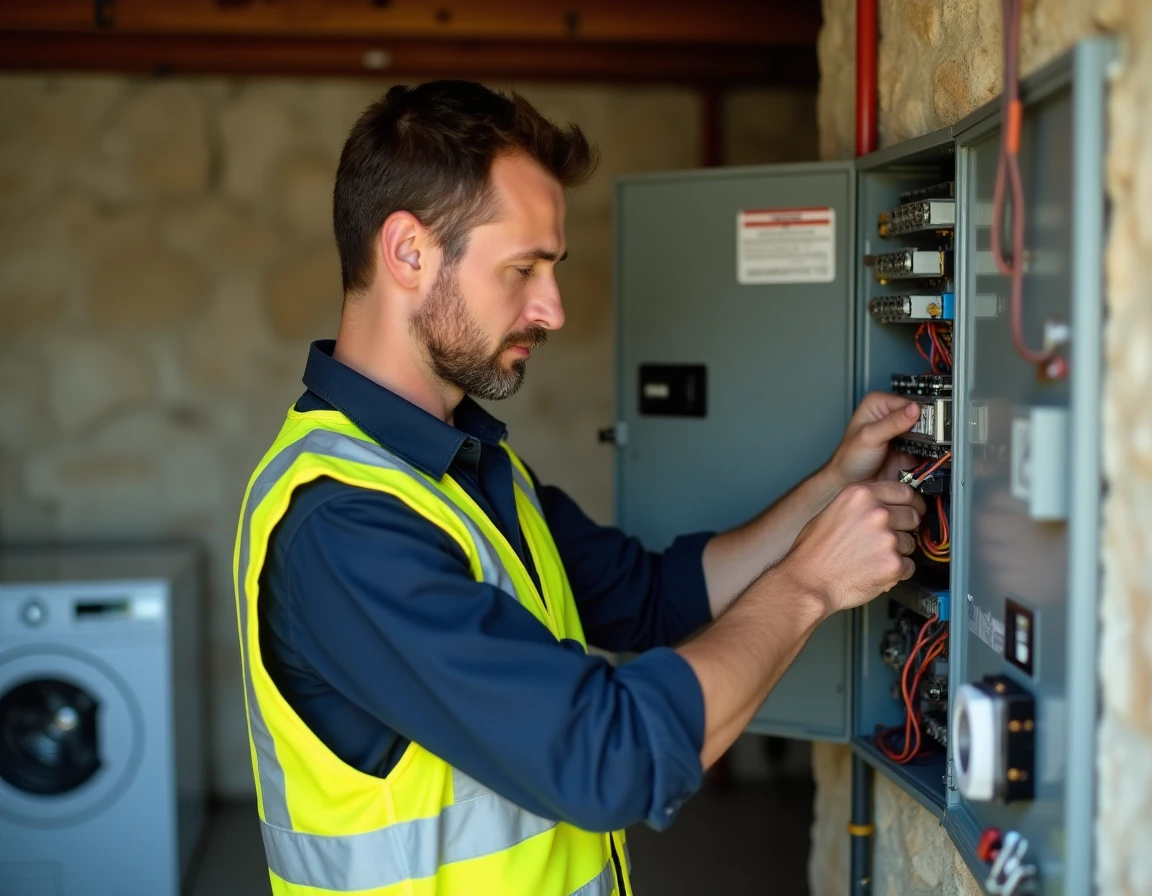 Électricien de Brosseau Electricité connectant des câbles dans un tableau de fusibles résidentiel