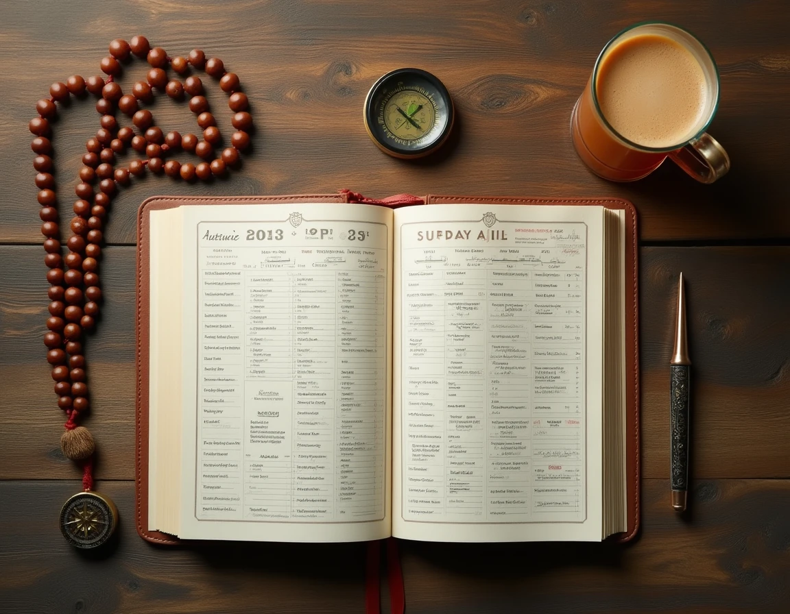 Calendrier hijri-grégorien avec horaires de prière, chapelet et boussole qibla sur table en bois