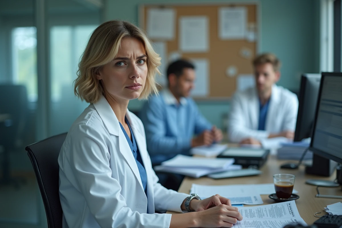 Femme médecin assise à un bureau d'hôpital consultée un dossier, pendant que deux collègues masculins discutent en arrière-plan flou, illustrant les loyautés et pressions professionnelles
