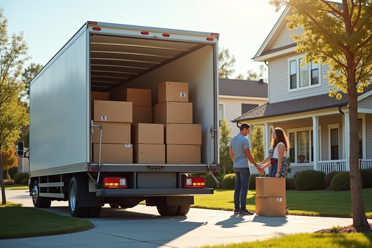 Famille discutant devant un camion avec cartons empiles