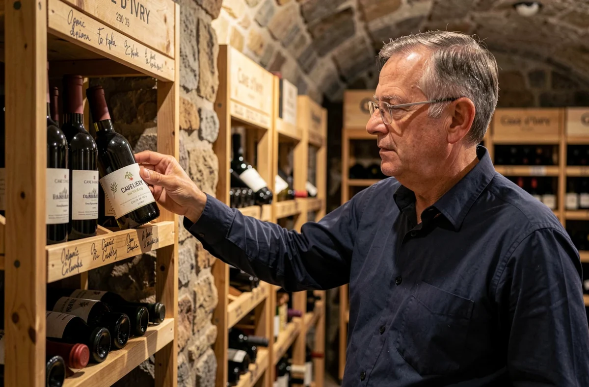 Sommelier sélectionnant une bouteille de vin naturel bio sur un casier en bois dans l'atmosphère authentique de la Cave d'Ivry