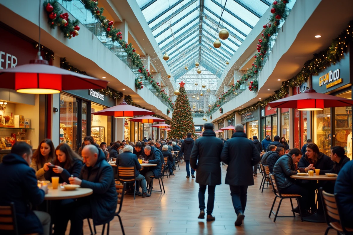 Centre commercial partiellement ouvert le 25 décembre avec quelques boutiques actives et commerces fermés, clients attablés dans la galerie marchande