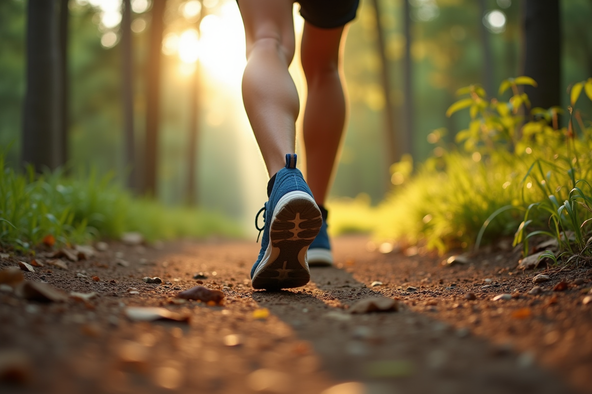 Chaussures de sport et jambes courant sur un sentier forestier en plein jour