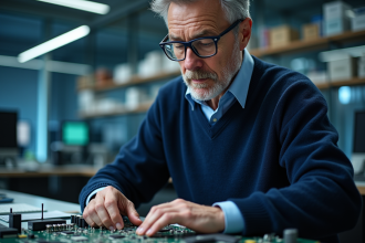 Chercheur en laboratoire étudiant un circuit quantique