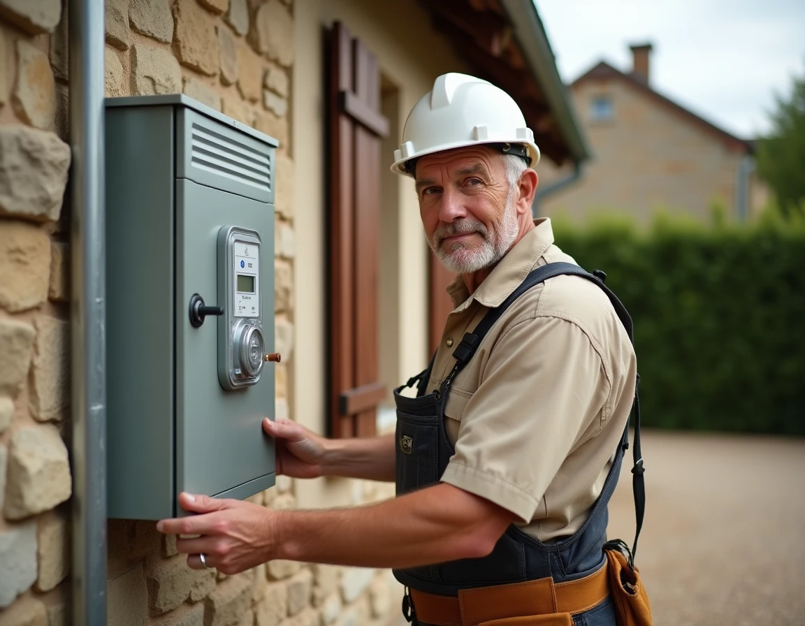 Chevreul Alain électricien remplaçant un compteur électrique sur une maison de campagne en Maine-et-Loire