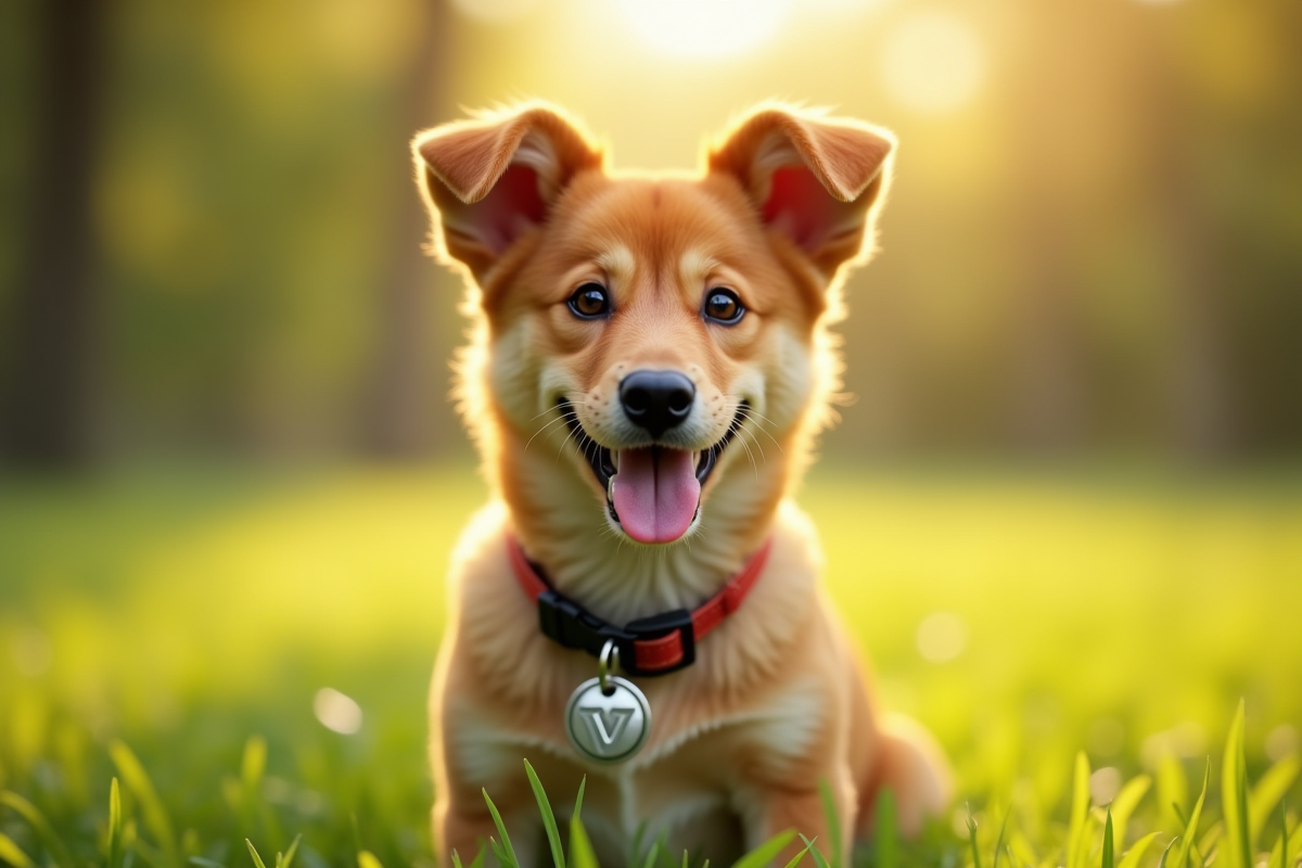 Jeune chien caramel souriant dans un parc ensoleille