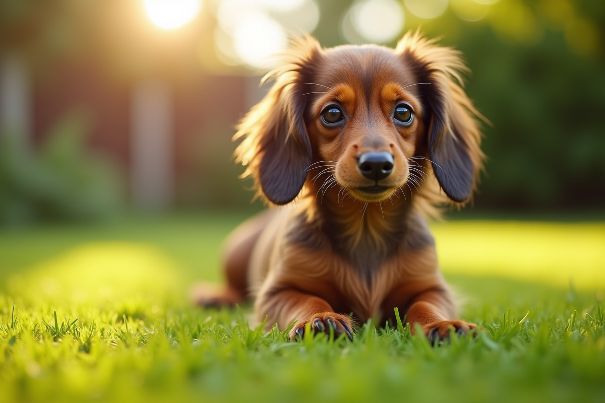 Dachshund à poils longs assis dans un jardin ensoleille avec regard expressif