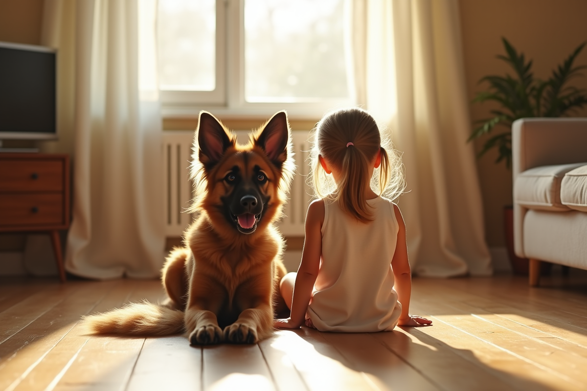 Chien Laekenois et fille dans un salon lumineux